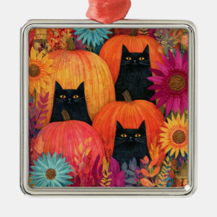 Watchful Black Cat Autumn Pumpkin Patch Metal Tree Decoration