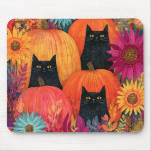 Watchful Black Cat Autumn Pumpkin Patch Mouse Pad
