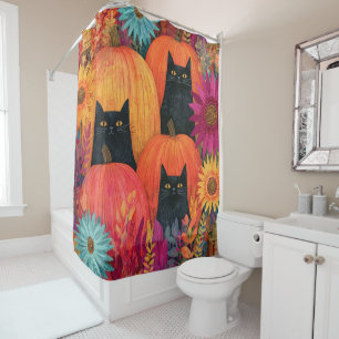 Watchful Black Cat Autumn Pumpkin Patch Shower Curtain