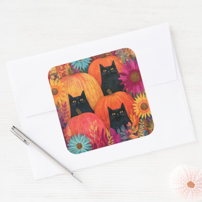 Watchful Black Cat Autumn Pumpkin Patch Square Sticker (Envelope)