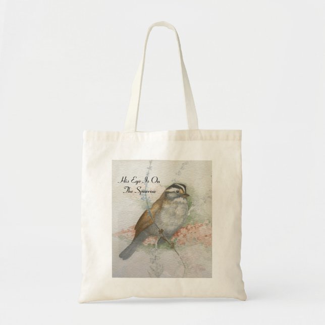 Watchful Song Sparrow Bible Quote Watercolor Tote Bag (Front)