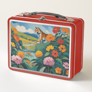 Watchful Tiger Floral Metal Lunch Box