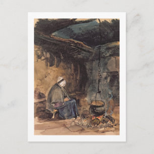 Watching the pot boil - a cottage interior postcard
