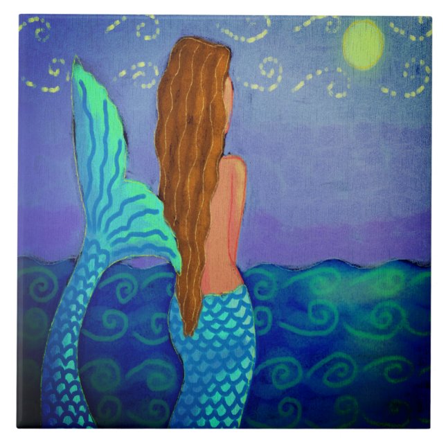 Watching the Sun Abstract Mermaid Painting Tile (Front)