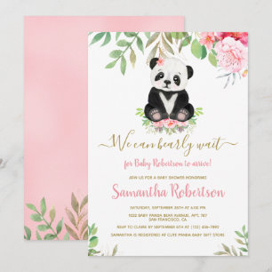 Watecolor Blush Pink Bear Girl Baby Shower Floral Invitation