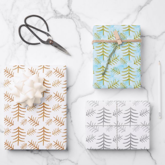 Watecolor Modern Christmas Trees Wrapping Paper Sheet (Front)