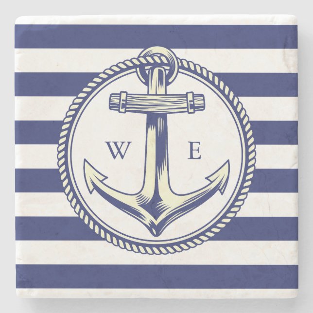 Water anchor Marine Blue Radius Stone Coaster (Front)