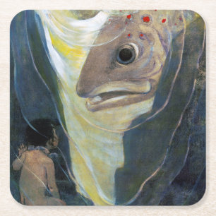 Water Baby and Fish, Jessie Willcox Smith Square Paper Coaster