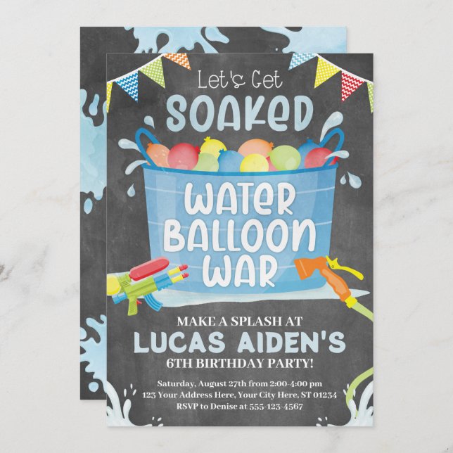 Water Balloon Birthday Invitation, Balloon War Invitation (Front/Back)