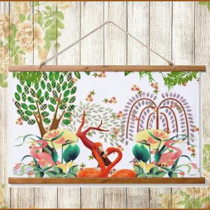 Water Birds Flamingo Couple Tree of Life Spring  Hanging Tapestry