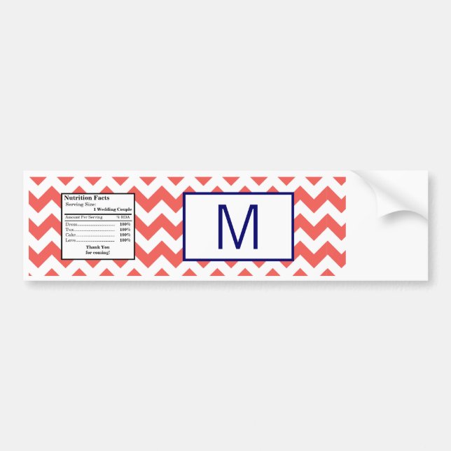 Water Bottle Label Coral Navy Blue Chevron Name (Front)