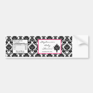 Water Bottle Label Hot Pink Black Damask