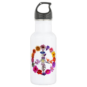Water bottle peace sign of photographs of flowers