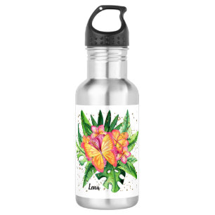 Water Bottle with Orange Flowers & Butterfly