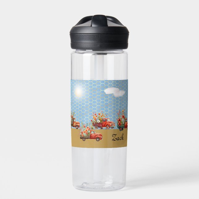 Water Bottle with Trucks & Flowers (Front)
