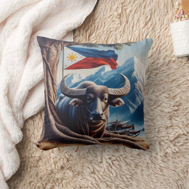 Water Buffalo By Mountains With Philippine Flag Cushion (Blanket)