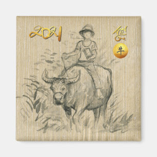 Water Buffalo Kid Chinese Ox Year 2021 SqRM Magn Magnet