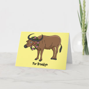 Water buffalo with flowers cartoon illustration card