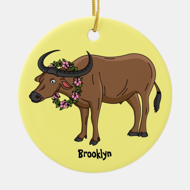 Water buffalo with flowers cartoon illustration ceramic tree decoration (Front)