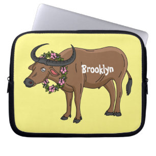 Water buffalo with flowers cartoon illustration laptop sleeve