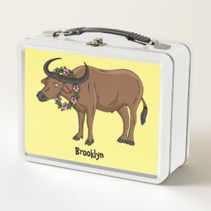 Water buffalo with flowers cartoon illustration metal lunch box