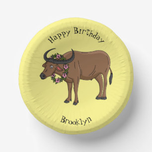 Water buffalo with flowers cartoon illustration paper plate