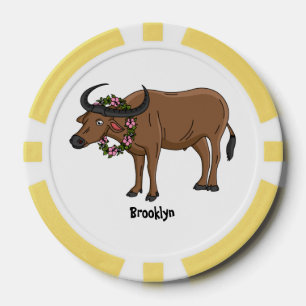 Water buffalo with flowers cartoon illustration poker chips