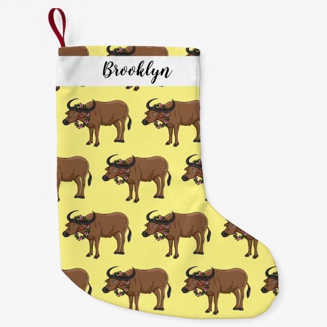 Water buffalo with flowers cartoon illustration small christmas stocking (Front)