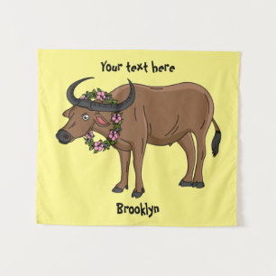 Water buffalo with flowers cartoon illustration tapestry