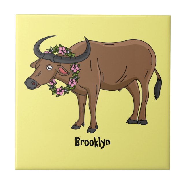Water buffalo with flowers cartoon illustration tile (Front)