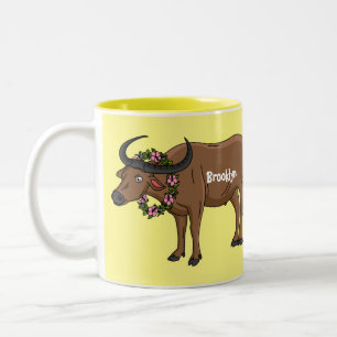 Water buffalo with flowers cartoon illustration Two-Tone coffee mug