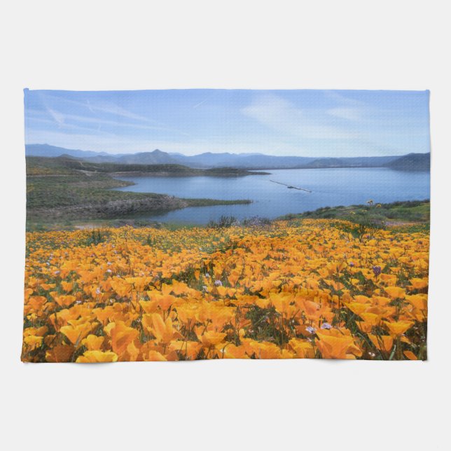 Water | California Lake With Golden Poppies Tea Towel (Horizontal)
