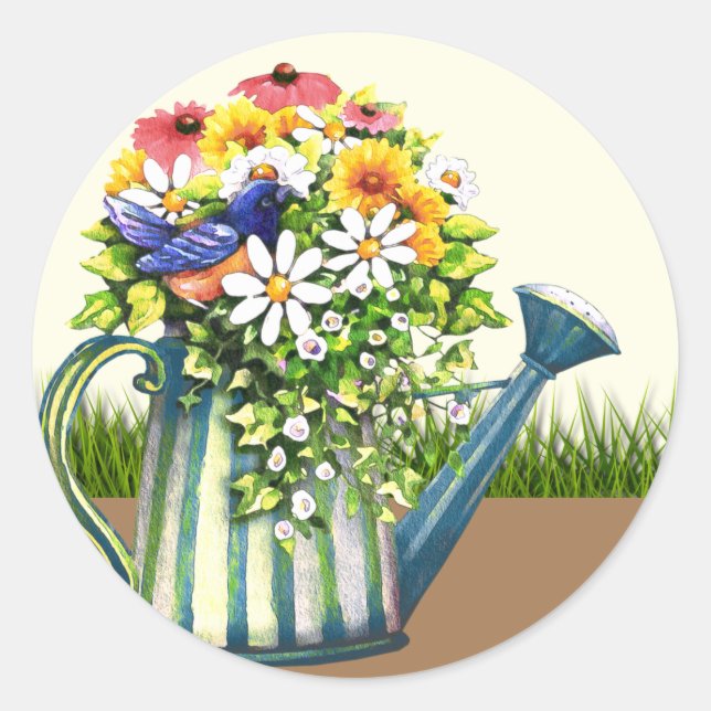 Water Can with Wildflowers Classic Round Sticker (Front)