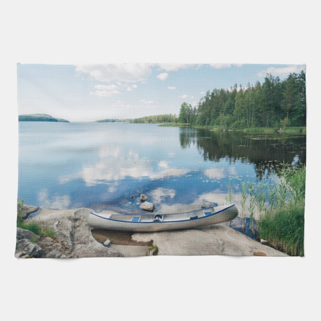 Water | Canoe on Lake in Sweden Tea Towel (Horizontal)