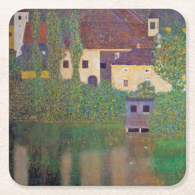 Water Castle, Gustav Klimt Square Paper Coaster (Front)