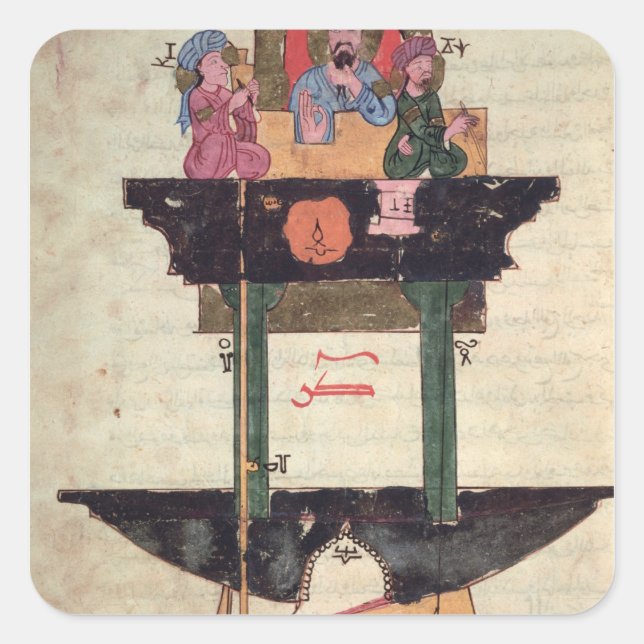 Water clock with automated figures square sticker (Front)