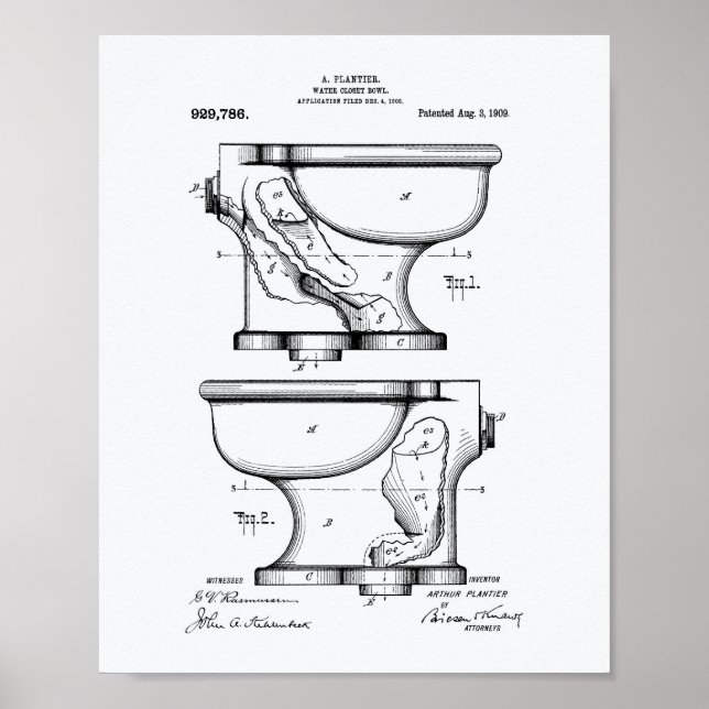Water Closet Bowl 1909 Patent Art White Paper Poster (Front)