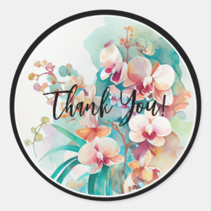 WATER COLOR DESIGN ORCHID FLOWERS "THANK YOU"    CLASSIC ROUND STICKER