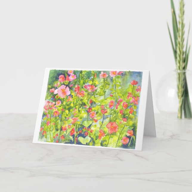 water color painting of hollyhocks thank you card (Front)