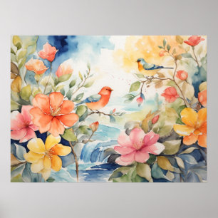 Water Color Scene with Birds and Flowers Poster