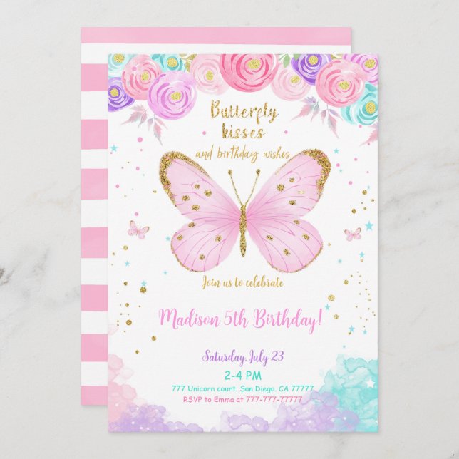 Water Colour 5th Birthday Butterfly Invitation (Front/Back)