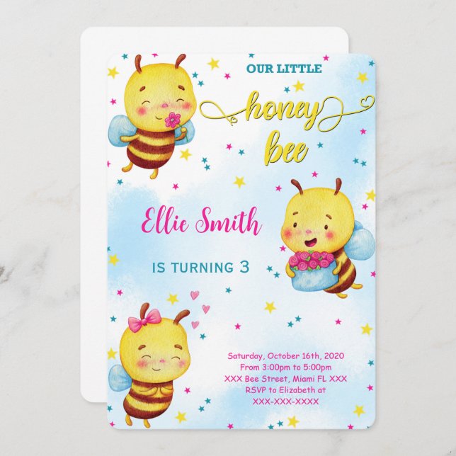Water Colour Bee Birthday Invitation (Front/Back)