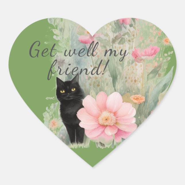 Water colour Black Cat in Flowergarden    Heart Sticker (Front)