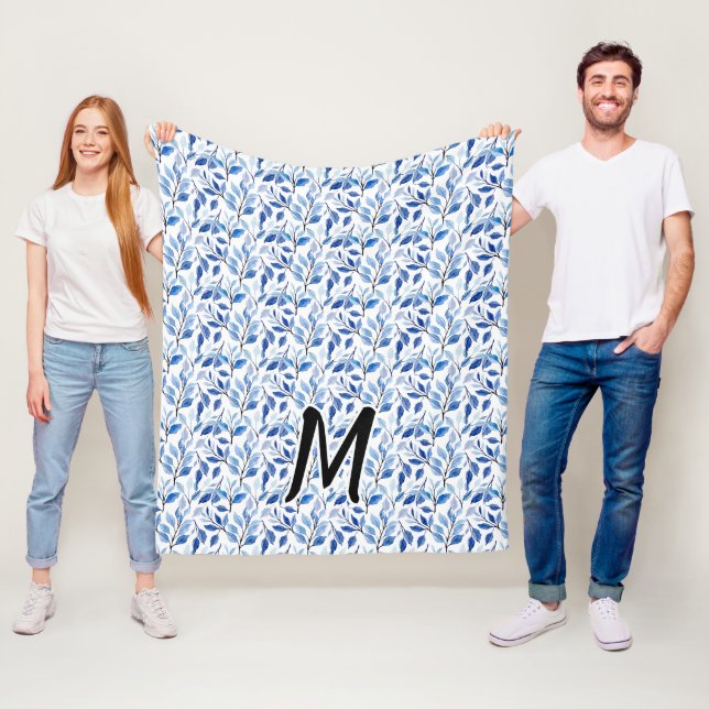 Water Colour Blue Leaf Mosaic Fine Art Monogram Fleece Blanket (In Situ)