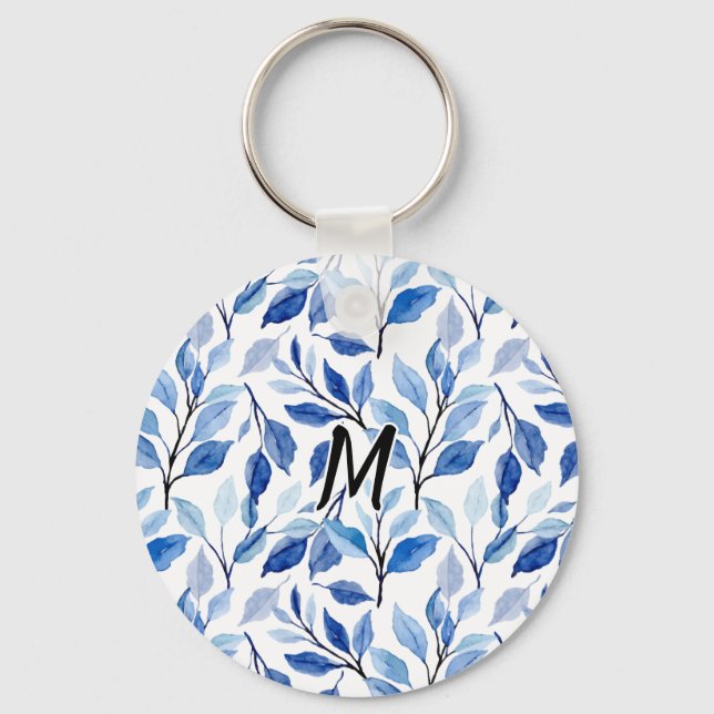 Water Colour Blue Leaf Mosaic Fine Art Monogram Key Ring (Front)