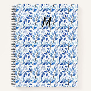 Water Colour Blue Leaf Mosaic Fine Art Monogram Notebook