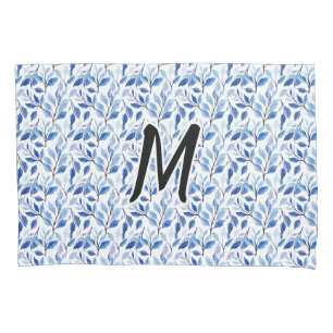 Water Colour Blue Leaf Mosaic Fine Art Monogram Pillowcase