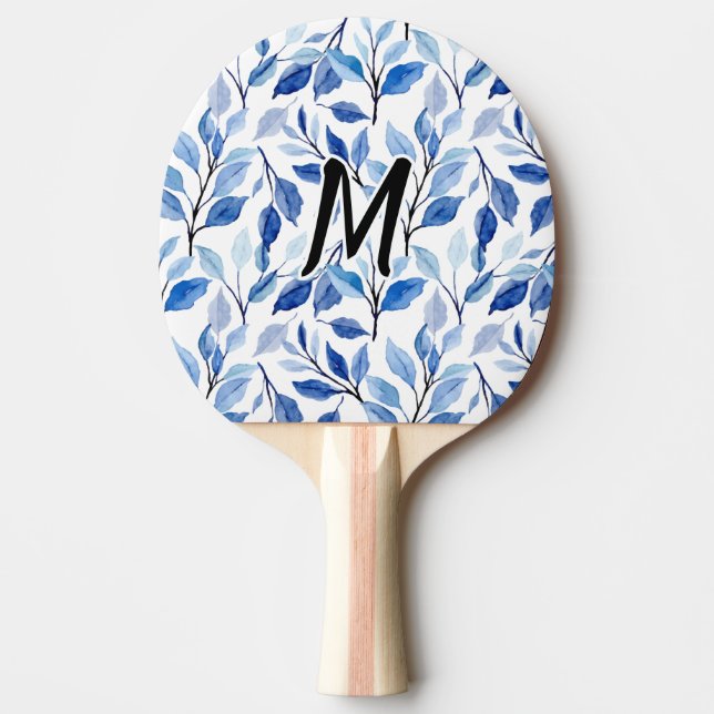 Water Colour Blue Leaf Mosaic Fine Art Monogram Ping Pong Paddle (Front)