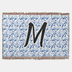 Water Colour Blue Leaf Mosaic Fine Art Monogram Throw Blanket