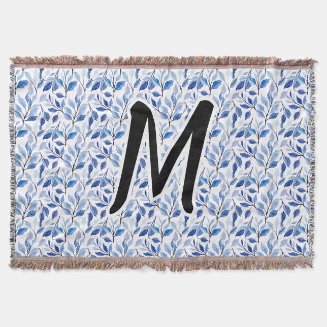 Water Colour Blue Leaf Mosaic Fine Art Monogram Throw Blanket (Front)